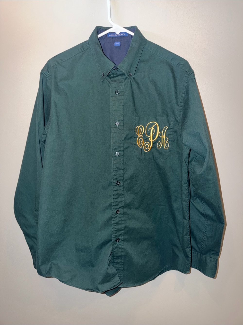 Port Authority Green Button-Down Shirt with Gold Monogram size Medium Preppy